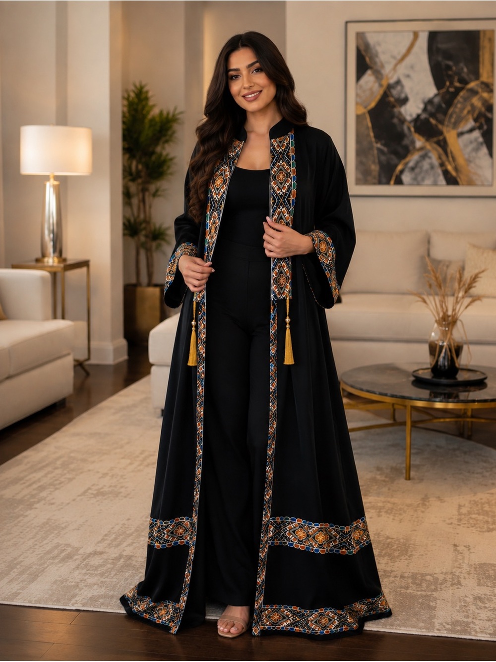 Embroidered Black Abaya  open front with Tassel Accents